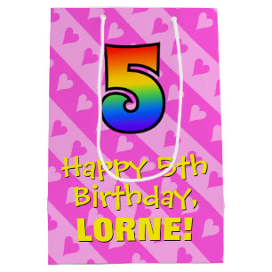 5th Birthday: Fun Pink Hearts Stripes & Rainbow 5 Medium Gift Bag