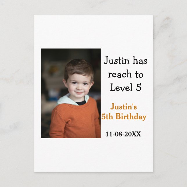 5th birthday game on boy photo name modern date  postcard (Front)