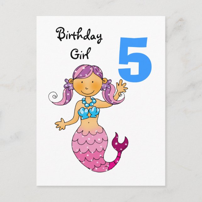 5th birthday gift for a girl, cute mermaid postcard (Front)