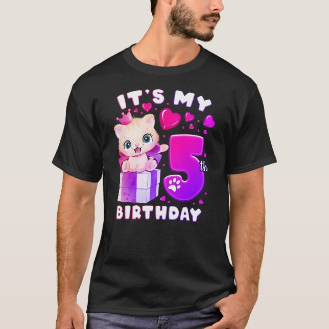 5th Birthday, Girl 5 Year, Cat, Number 5 T-Shirt (Front)