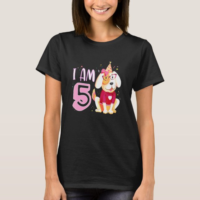 5th Birthday Girl Dog Puppies Children I Am 5 T-Shirt (Front)