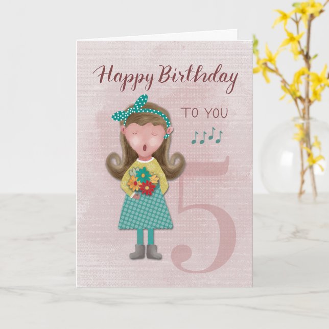 5th Birthday Girl Singing Happy Birthday Card (Yellow Flower)