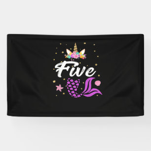5th Birthday Girl Unicorn Shirt Mermaid Tail 5 Yea Banner