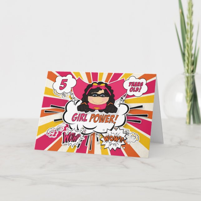 5th Birthday Girls Super Kids Pink Comic Book Card (Front)