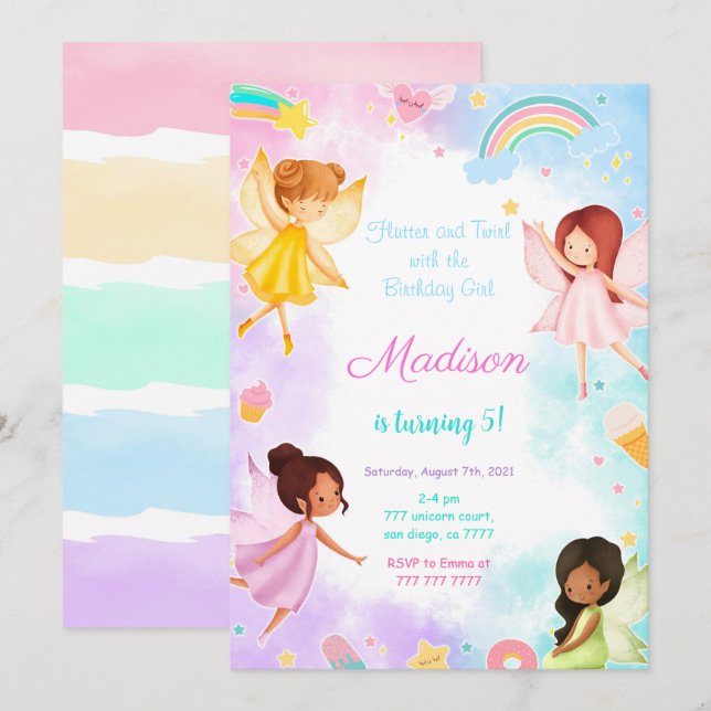 5th Birthday Golden Fairy Party  Invitation (Front/Back)