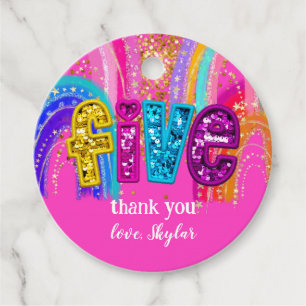 5th Birthday Hot Pink Rainbow Sequin Girl Favour Tags