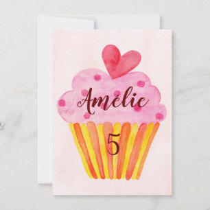 5th birthday invitation - cupcake watercolor girls