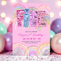 5th Birthday Invitation Girl Editable Rainbow Sequ