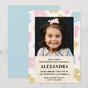 5th birthday invitation Retro Groovy Flowers Cute