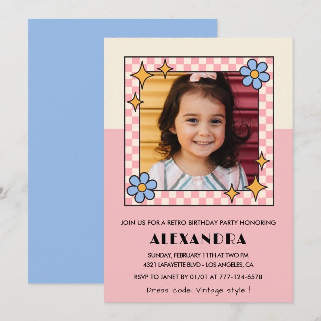 5th birthday invitation Retro Groovy Pink Flowers (Front/Back)