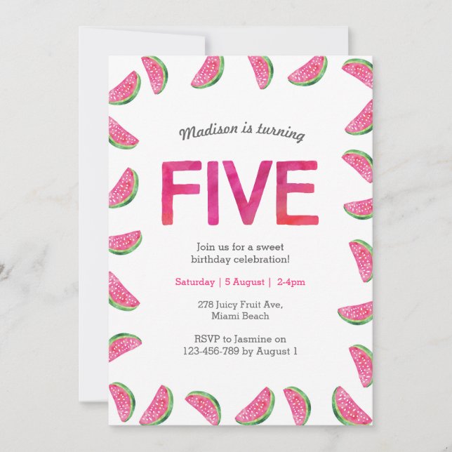 5th Birthday Invitation | tropical watermelon pink (Front)
