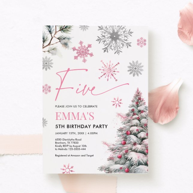 5th Birthday Invitation, Winter Pink 5th Birthday  Invitation (Creator Uploaded)