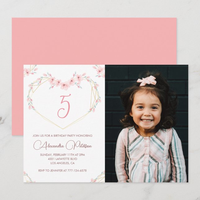 5th birthday invitations Boho Floral Photo (Front/Back)