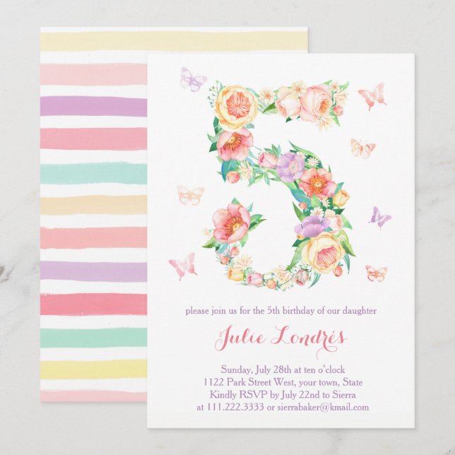 5th Birthday Invitations for Girl with Butterflies (Front/Back)