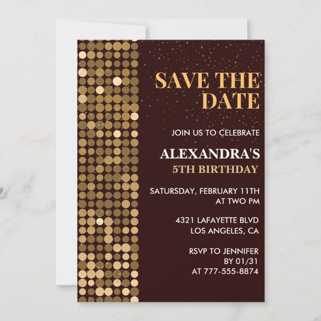 5th birthday invitations Save the date Gold (Front)