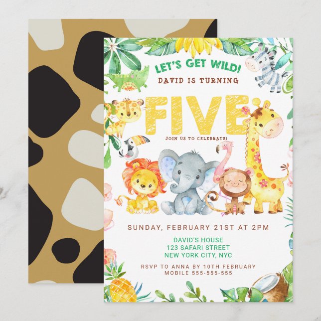  5th Birthday Jungle Safari Boy Party Zoo Animals Invitation (Front/Back)