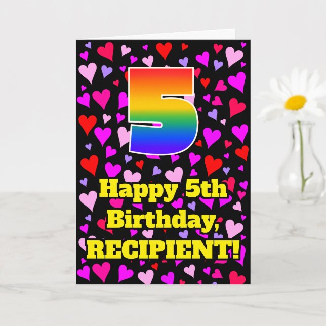 5th Birthday: Loving Hearts Pattern, Rainbow # 5 Card (Small Plant)