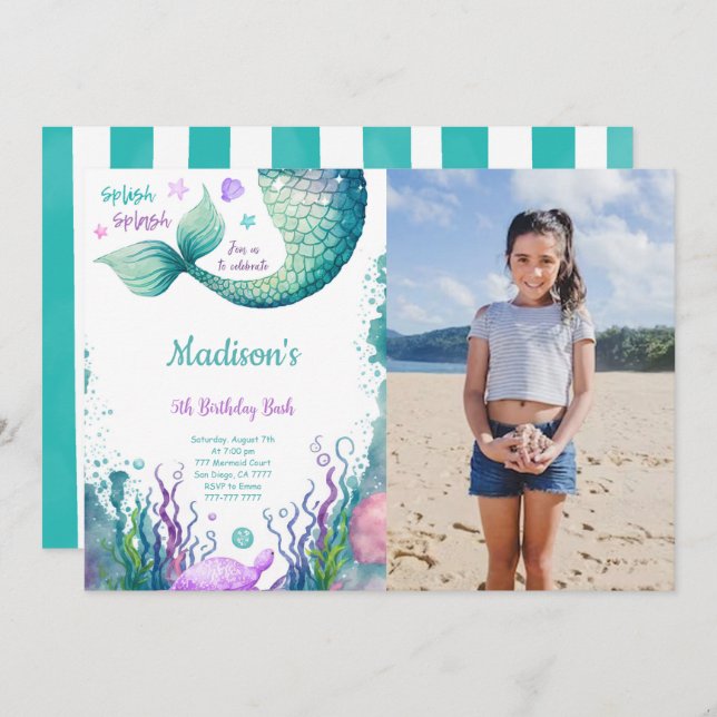5th Birthday Mermaid Photo Invitation (Front/Back)