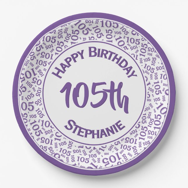 5th Birthday Modern Number Pattern Purple /White Paper Plate (Front)