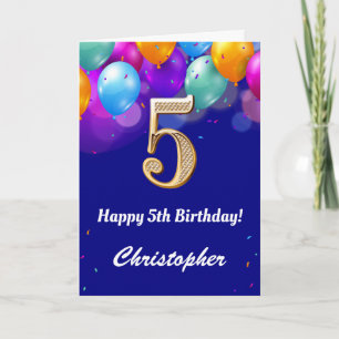 5th Birthday Navy Blue and Gold Colourful Balloons Card