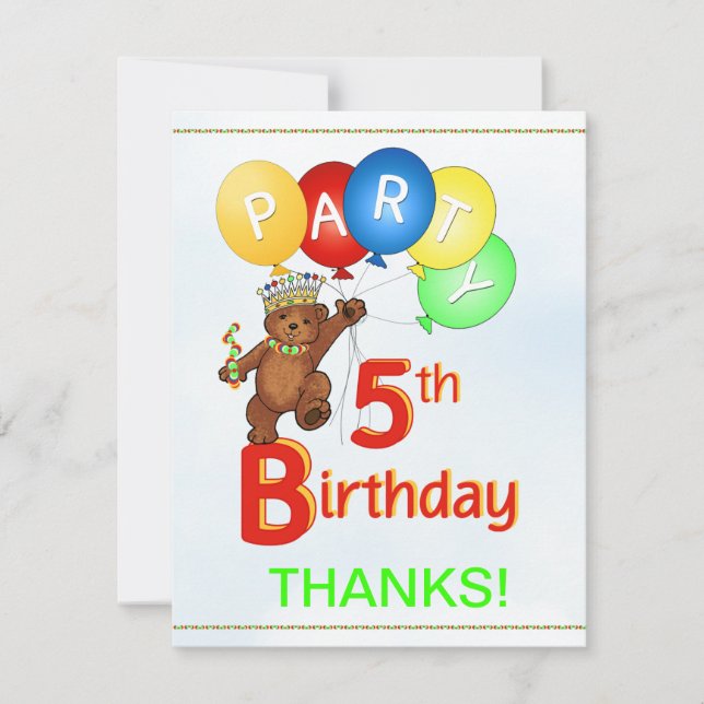 5th Birthday Party Bear Thank You Invitation (Front)