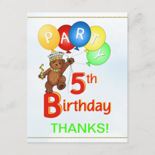 5th Birthday Party Bear Thank You Invitation