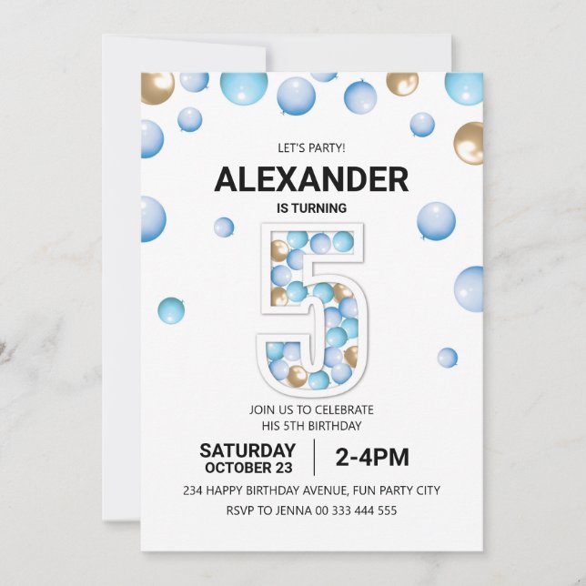 5th Birthday Party, Blue and Gold Balloon Boy Invitation (Front)
