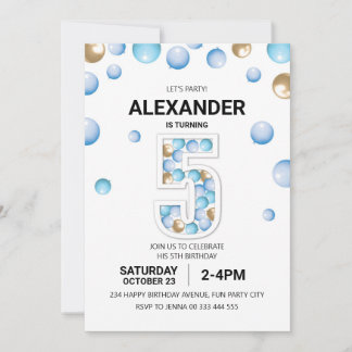 5th Birthday Party, Blue and Gold Balloon Boy Invitation