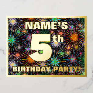 5th Birthday Party: Bold, Colourful Fireworks Look Foil Invitation Postcard