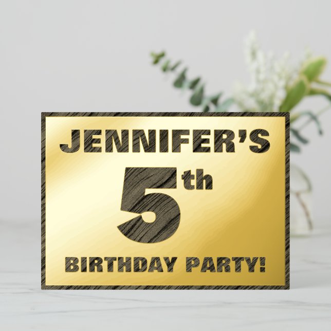 5th Birthday Party — Bold, Faux Wood Grain Text (Standing Front)