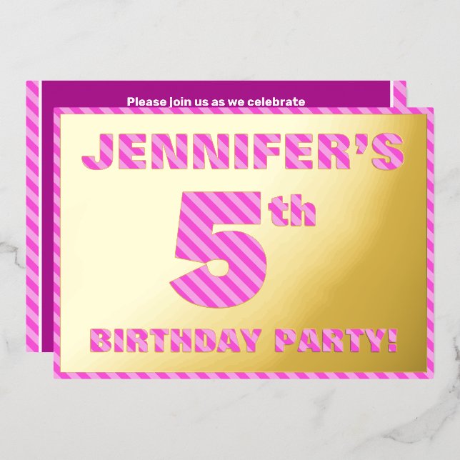 5th Birthday Party — Bold, Fun, Pink Stripes # 5 (Front/Back)