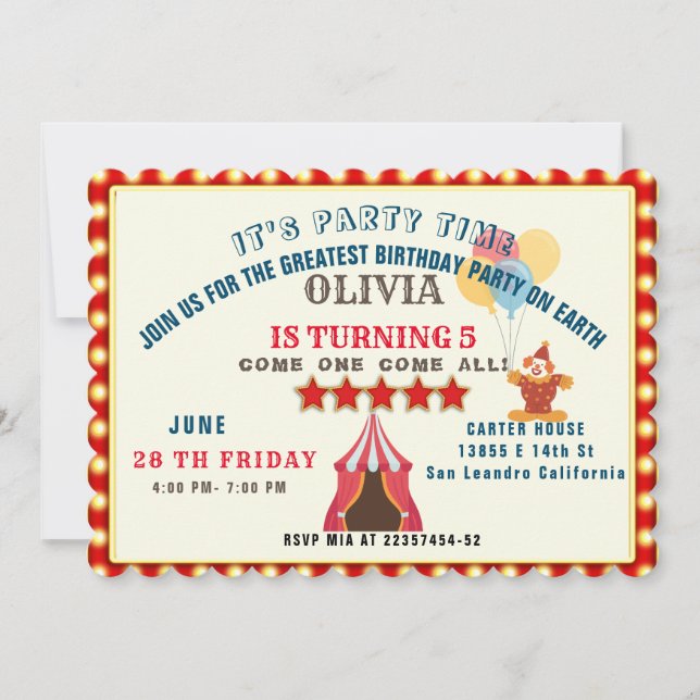  5TH Birthday Party Circus THEME PHOTO COLLAGE Invitation (Front)