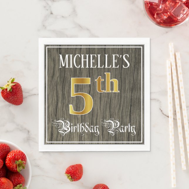 5th Birthday Party — Faux Gold & Faux Wood Looks Napkin (Insitu)