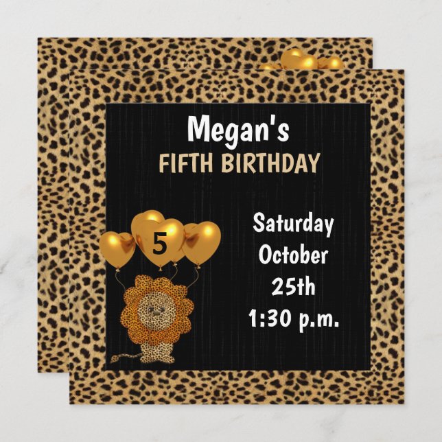 5th Birthday Party in Golden Cheetah Print Invitation (Front/Back)