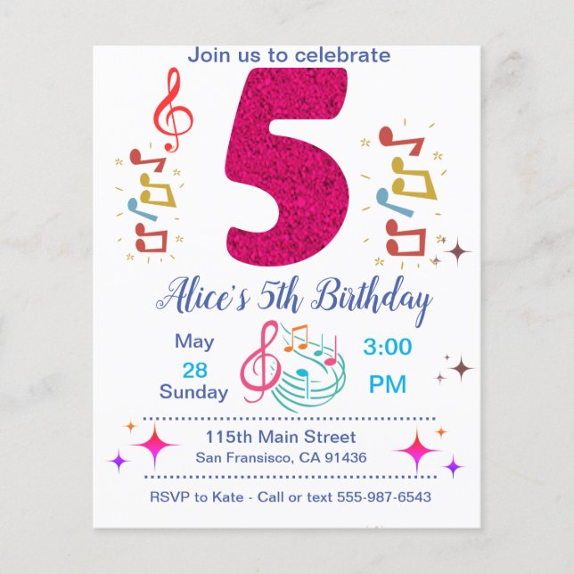 5th birthday Party Invitation - Music Theme Flyer (Front)