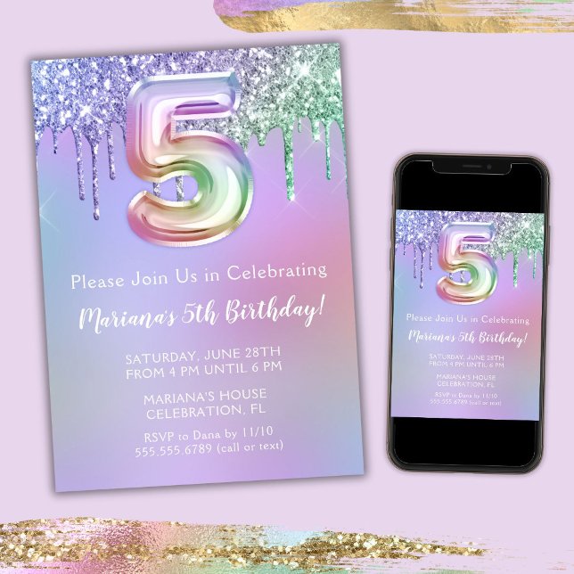 5th Birthday Party Invitation Purple Pink Glitter (Creator Uploaded)