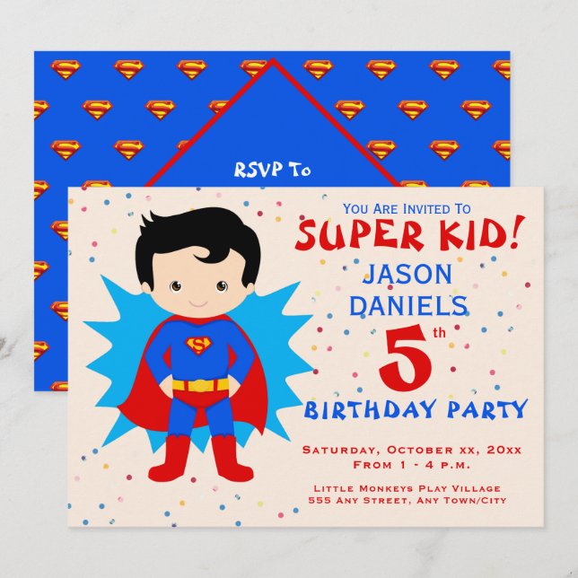 5th Birthday Party Invitation - Super Kid! (Front/Back)