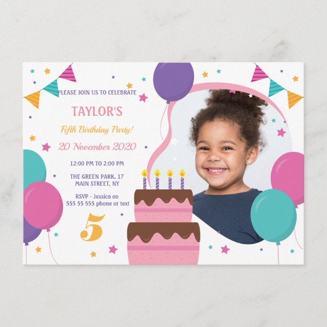 5th birthday party invitation  with photo (Front)