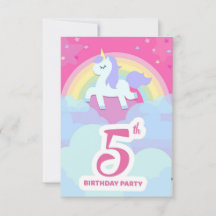 5th Birthday Party Invitations - Unicorn & Rainbow