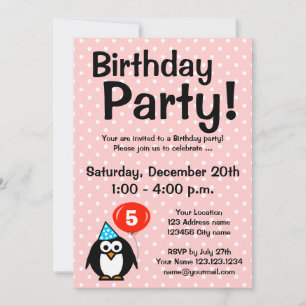 5th Birthday party invitations with funny penguin