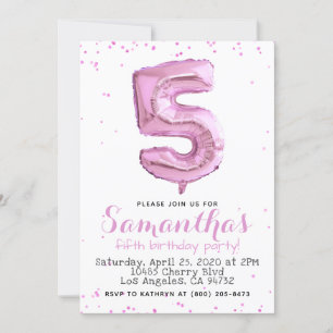 5th Birthday Pastel Pink Balloon Invitation