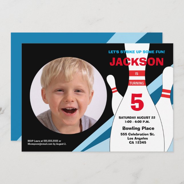 5th birthday photo bowling party blue red yellow invitation (Front/Back)