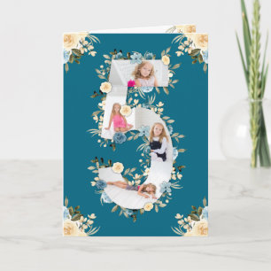 5th Birthday Photo Collage Blue Yellow Flower Teal Card