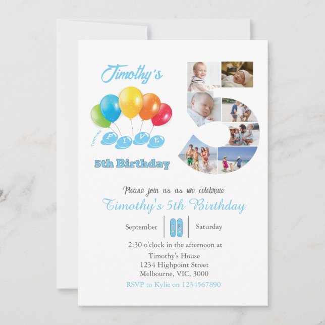 5th birthday photo collage number 5 Boy Invitation (Front)
