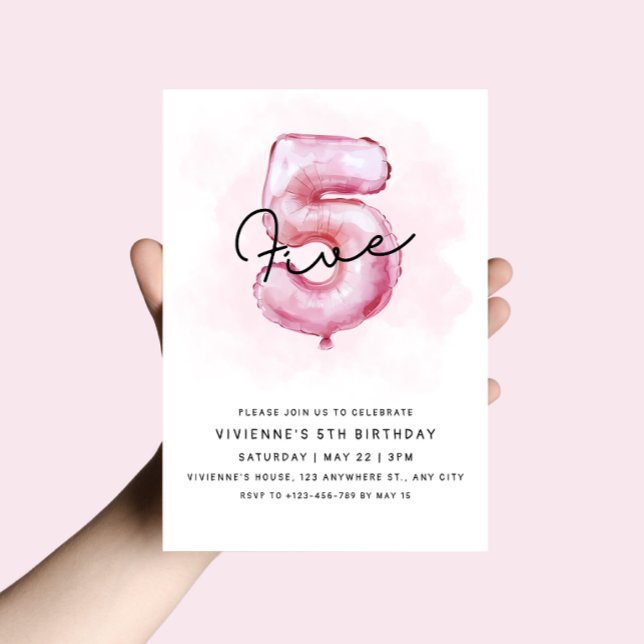 5th Birthday Pink Balloon Invitation (Creator Uploaded)