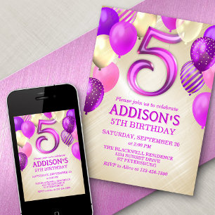 5th Birthday Pink Balloons Invitation