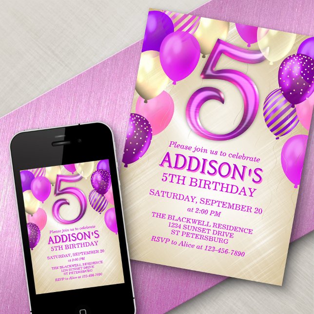 5th Birthday Pink Balloons Invitation (Creator Uploaded)