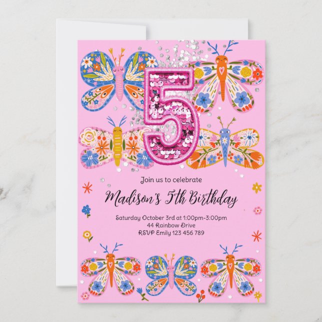 5th Birthday Pink Butterfly Invitation (Front)