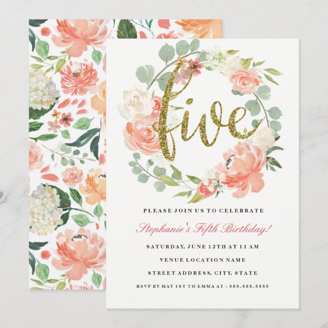 5th Birthday Pink Gold Floral Wreath Invitation (Front/Back)