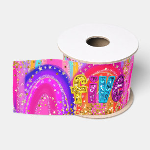 5th Birthday Pink Rainbow Glitter Grosgrain Ribbon